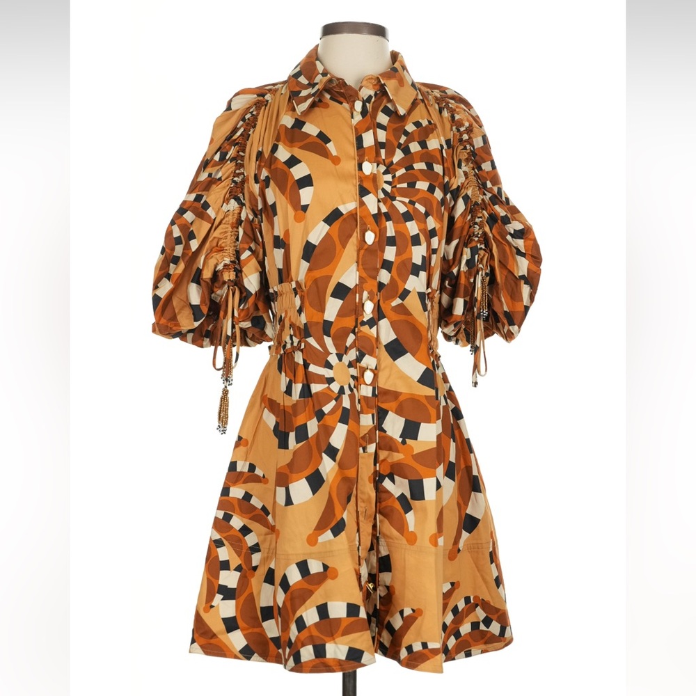 FARM Rio Banana Tan, Brown & Black Spiral Puff-Sleeve Mini Dress